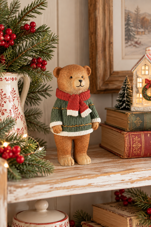 Orsetto natalizio Dekoratief in resina con maglione verde e sciarpa rossa, decorazione per libreria in stile cottage natalizio.