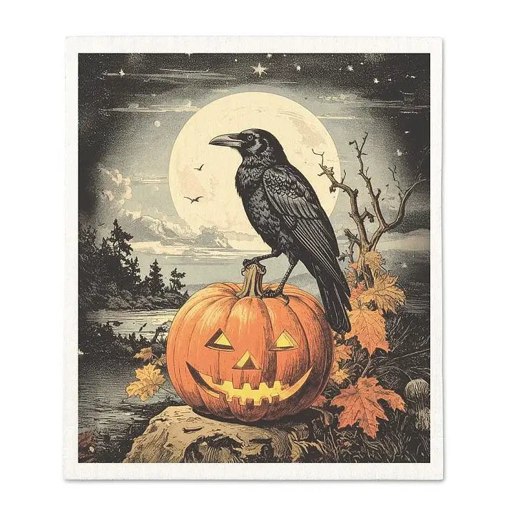 Panno Svedese Halloween con Corvo e Zucca