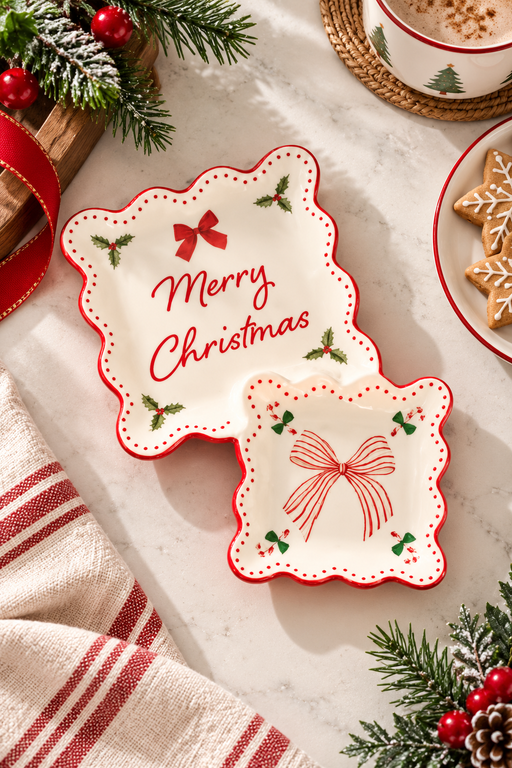 Piattino doppio natalizio in ceramica Merry Christmas con fiocco rosso e decorazioni vintage.