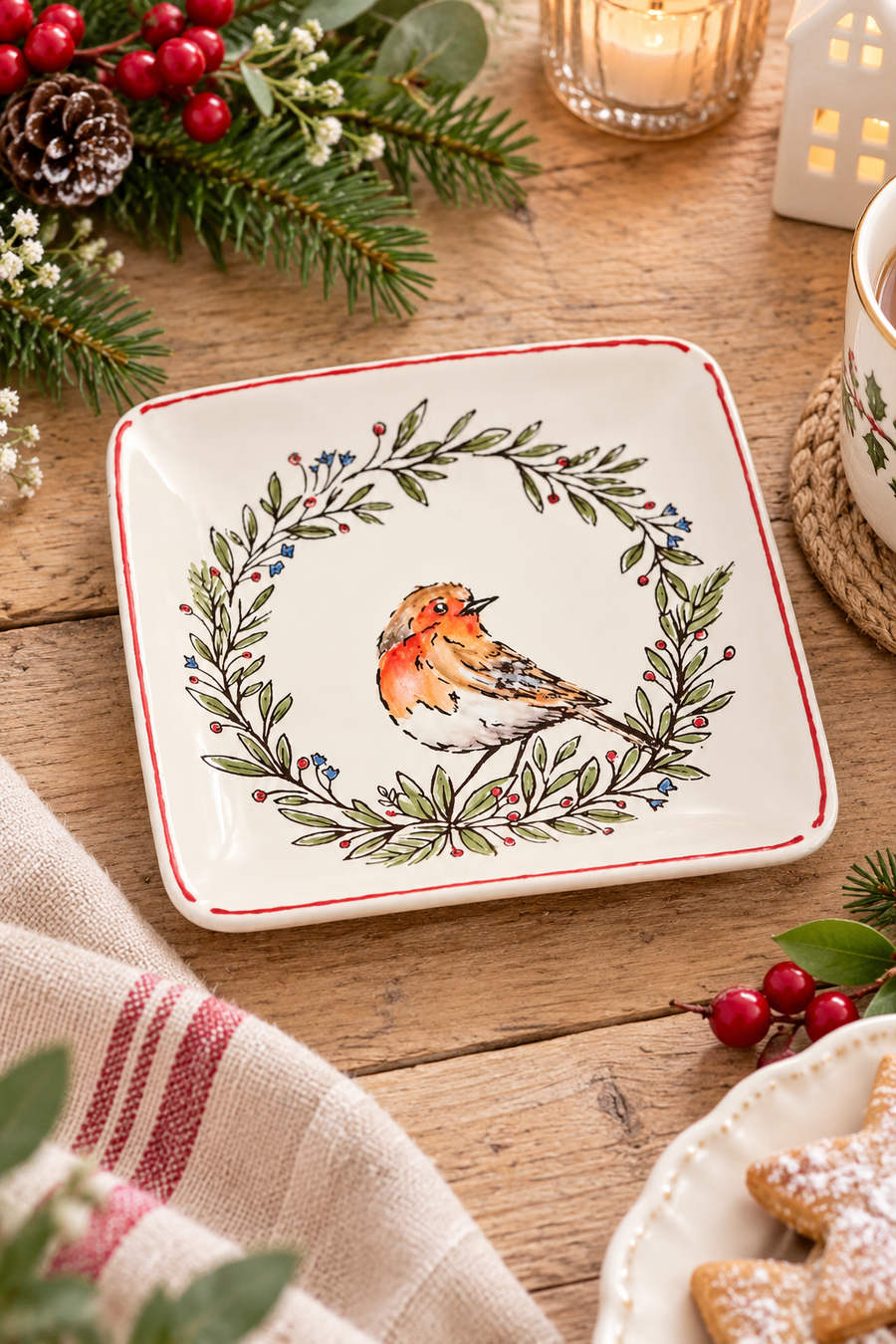 Piatto natalizio quadrato Langs da 22 cm in ceramica bianca, con pettirosso e ghirlanda botanica, ambientato su tavolo rustico in stile cottage.