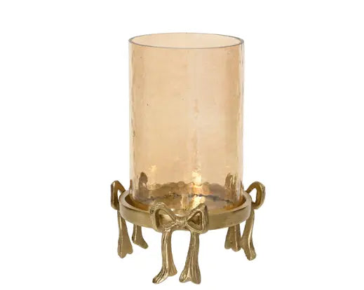 Portacandela Gold con Fiocchi in Alluminio e Vetro H19 cm