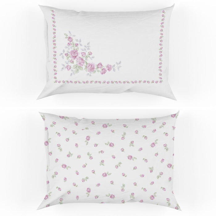 Completo Lenzuola Matrimoniale Chloe in Cotone Rosa con Roselline