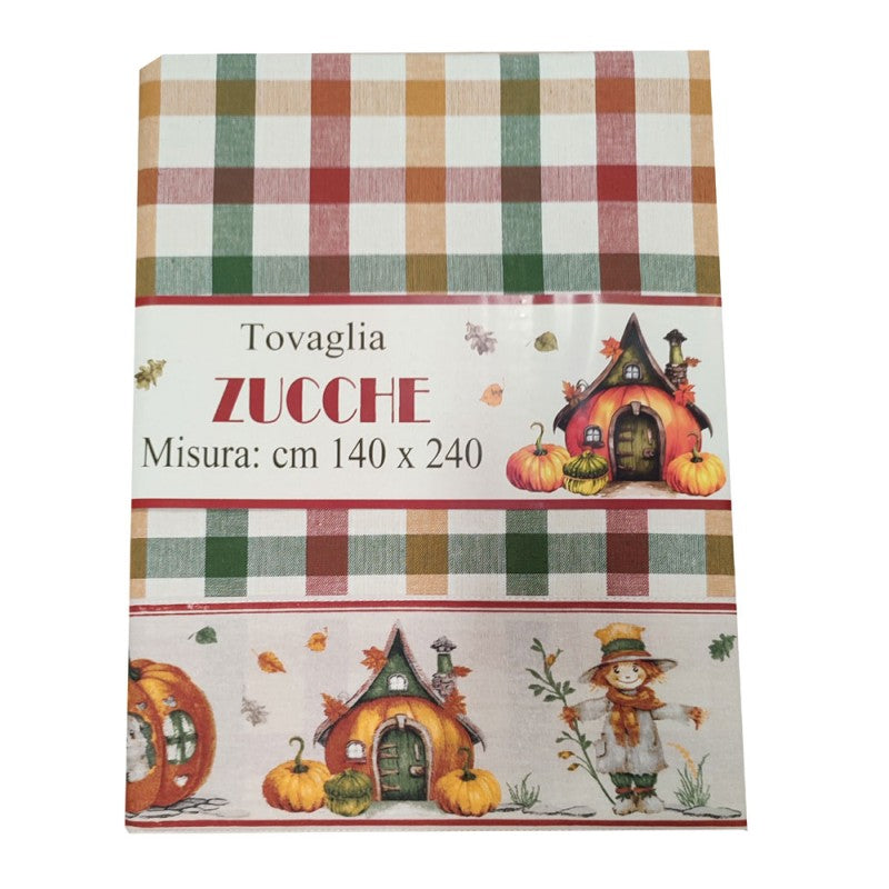 Tovaglia Autunnale a Quadri con Zucche e spaventapasseri 100% Cotone – 140×180 cm