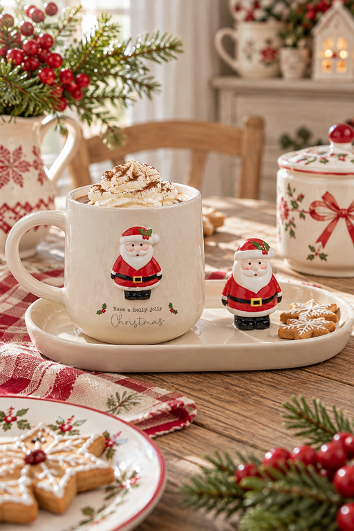 Set tazza natalizia in ceramica con Babbo Natale in rilievo e piattino con statuetta 3D, ideale per cioccolata calda e colazione di Natale.