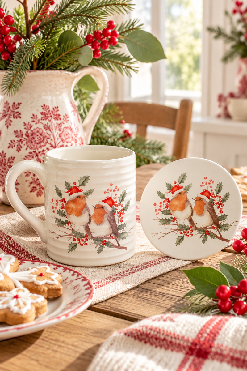 Tazza natalizia bianca in ceramica con due pettirossi e sottobicchiere coordinato, ambientati su tavolo rustico in cucina cottage.