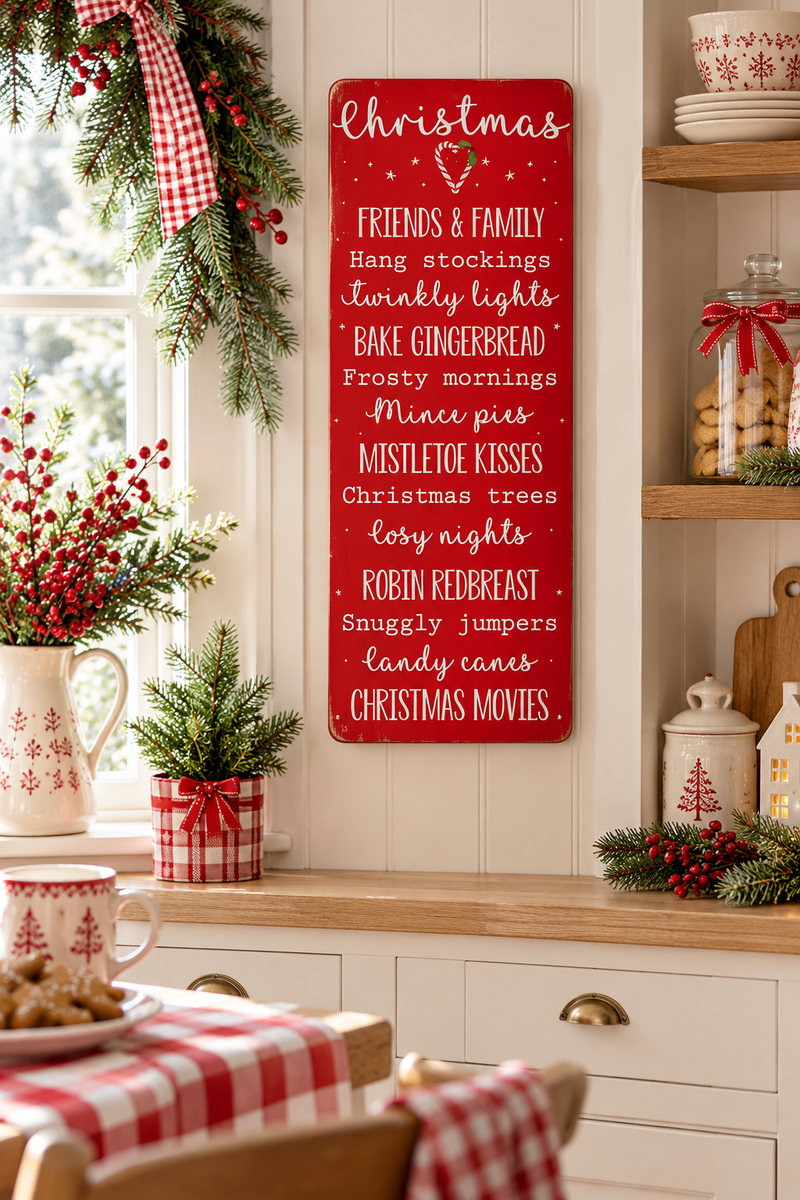 Targa natalizia rossa con scritte Christmas bianche, decorazione da parete in stile vintage cottage inglese.