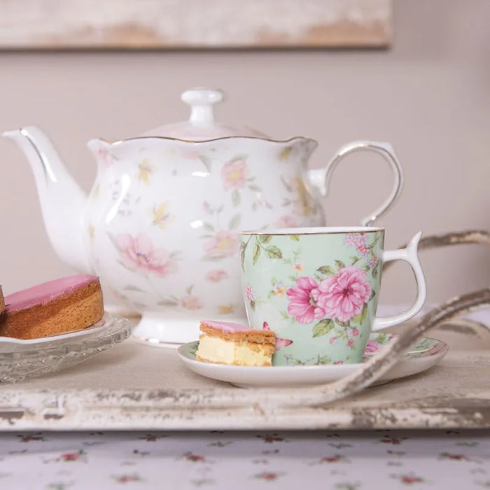 Tasse et soucoupe élégantes en porcelaine à motif floral vert - Clayre &amp; eef