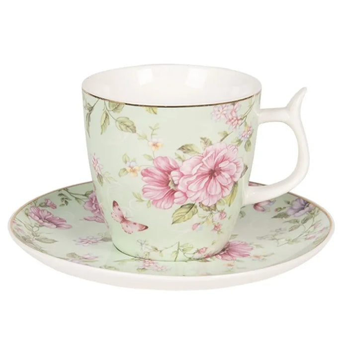 Tazza con piattino in porcellana elegante con motivo floreale verde- Clayre &amp; eef