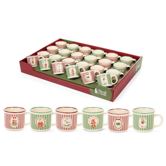 Tazzine natalizie Nuvole di Stoffa con righe rosse e verdi e decorazioni vintage, disponibili in diverse fantasie.