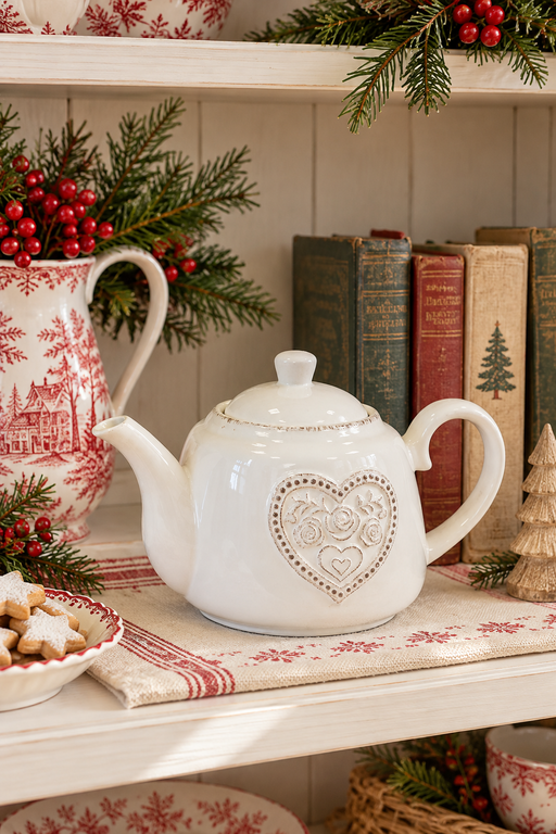 Teiera bianca in ceramica Satchville con cuore floreale in rilievo, stile shabby chic, diametro 12 cm e altezza 13,2 cm.