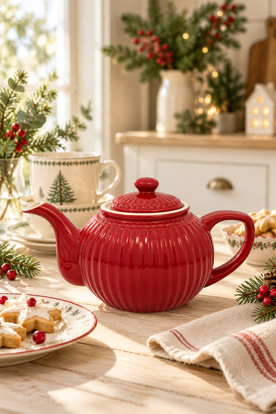 Teiera rossa GreenGate Alice Claret da 1 litro in ceramica, ambientata su tavola natalizia