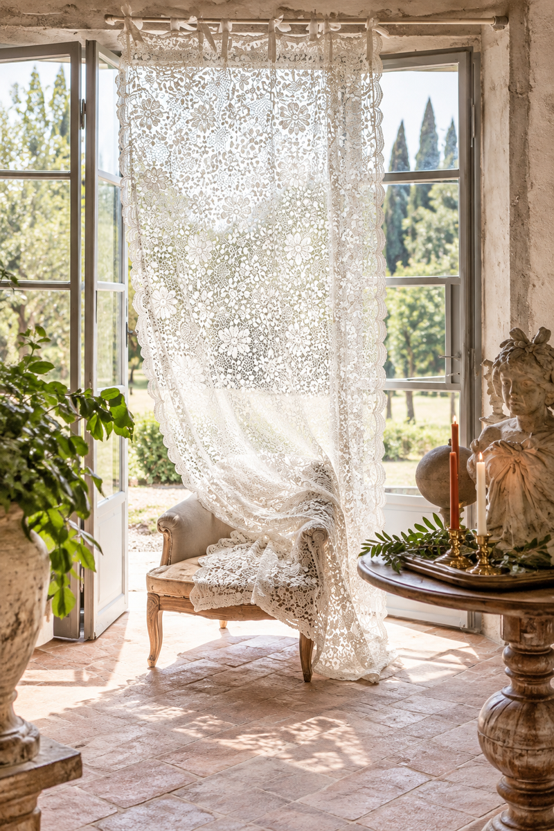 Tenda ricamata Blanc MariClo' Villa delle Rose 135x290 cm con motivi floreali in stile romantico shabby chic.