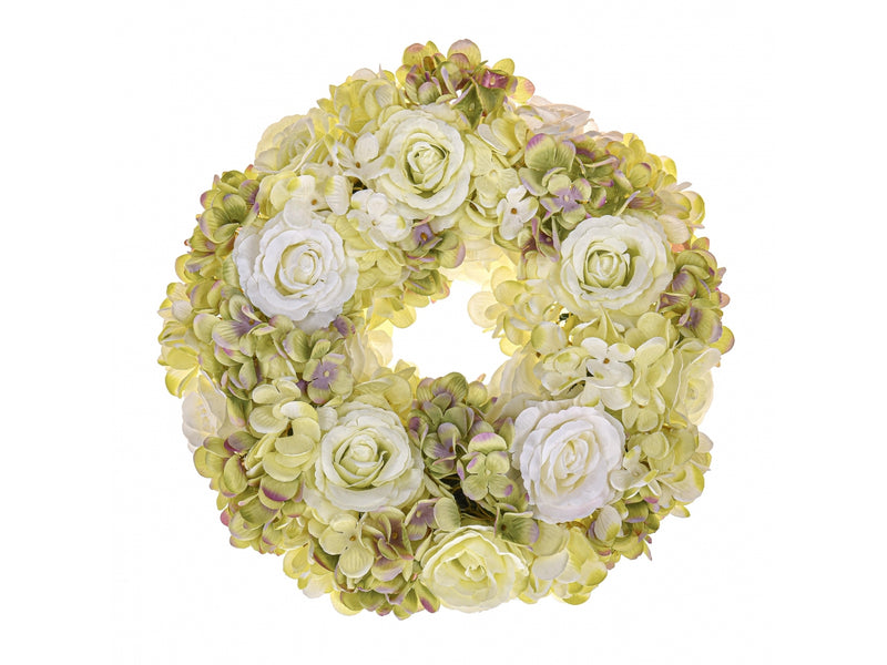 Corona con Rose e Ortensie Artificiali Verde e Bianco Ø 30 cm