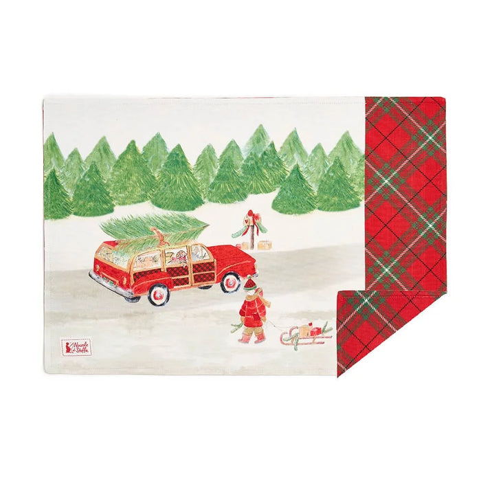 Set de table Voiture avec sapin 33×50 cm Carte de Noël - Tissu nuages