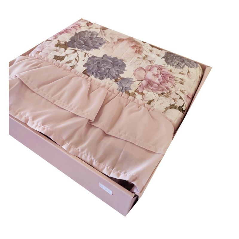 Trapunta Matrimoniale Floreale Rosa Antico con Volant e Federa Cuscino 45x45