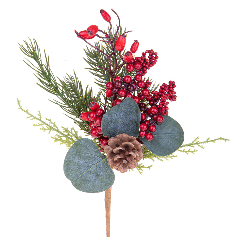 Ramo Decorativo Natalizio con Bacche, Pigna ed Eucalipto – 25 cm