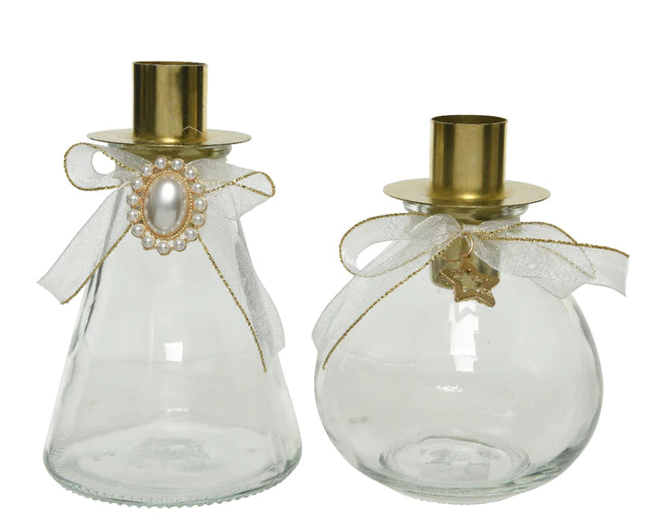 Portacandele in vetro con stella o  perla - trasparente / oro
