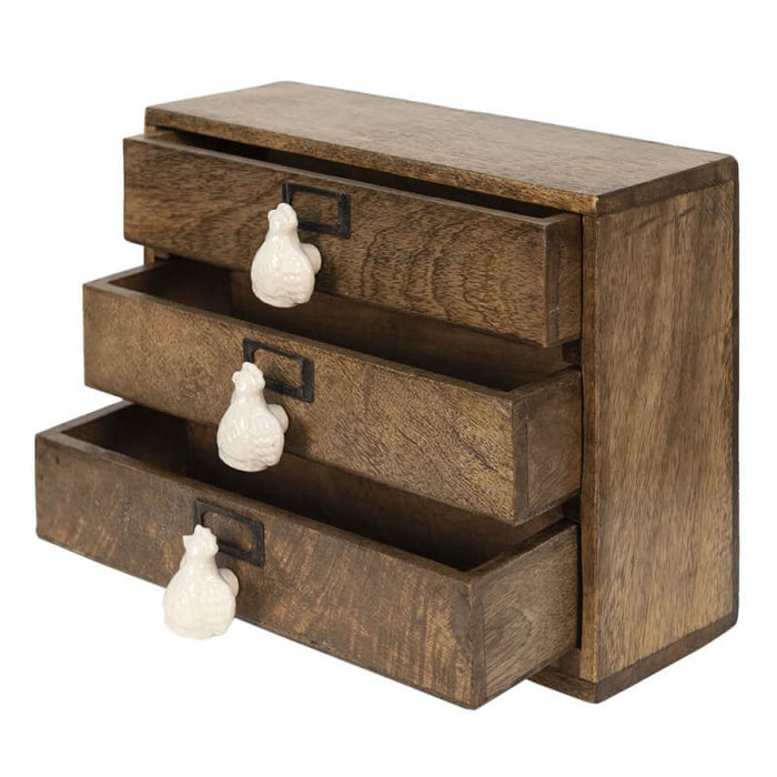 Mobiletto piccolo in legno marrone con cassetti con pomello a forma di gallo