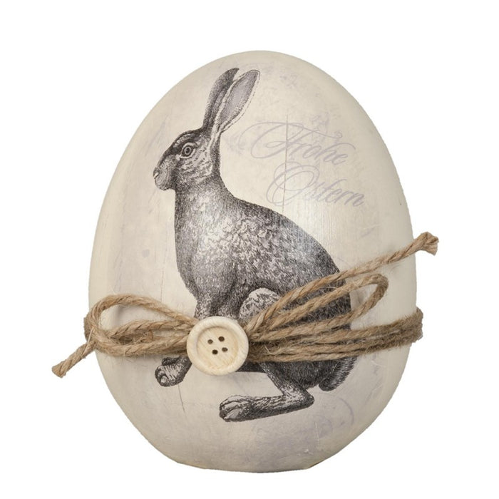 Statua decorativa in resina beige e grigio a forma di uovo con coniglio