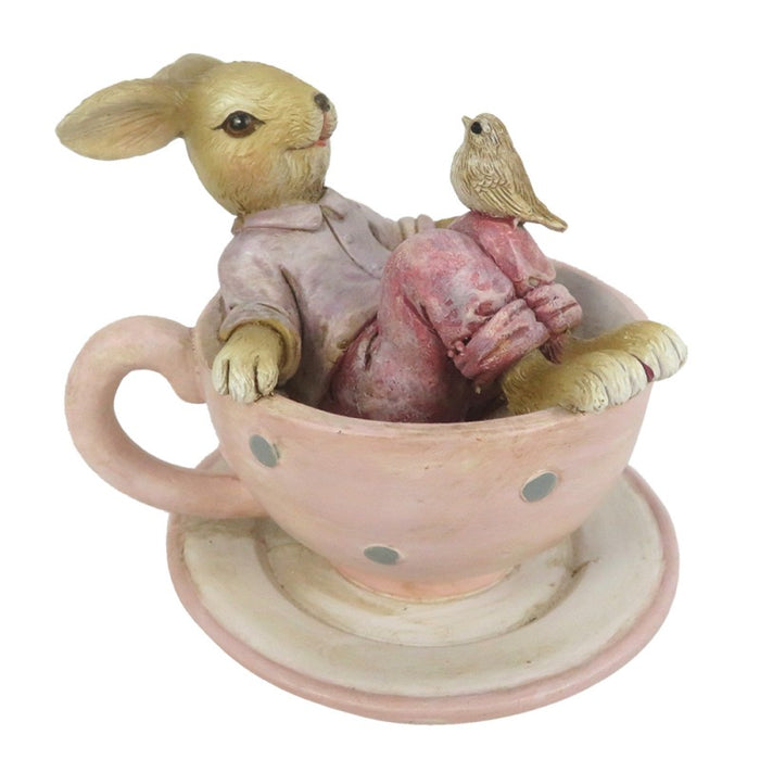 Statua decorativa in resina coniglio in tazza